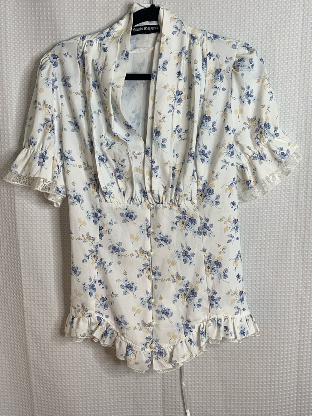 Floral Victorian Blue rose Corset back lace trim button front Coquette Top